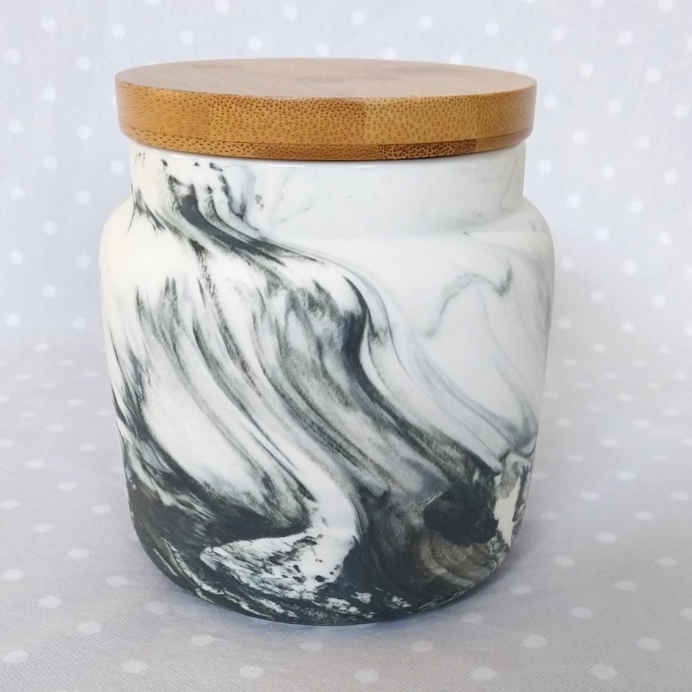 World Market White and Grey Swirl Pattern Marble Effect Ceramic Canister